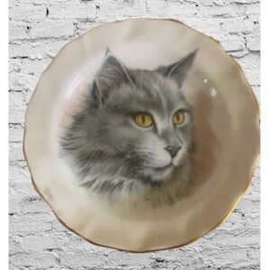 Vintage Fenton Persian Kitten Cat Plate English Bone China Trinket Gold Rim